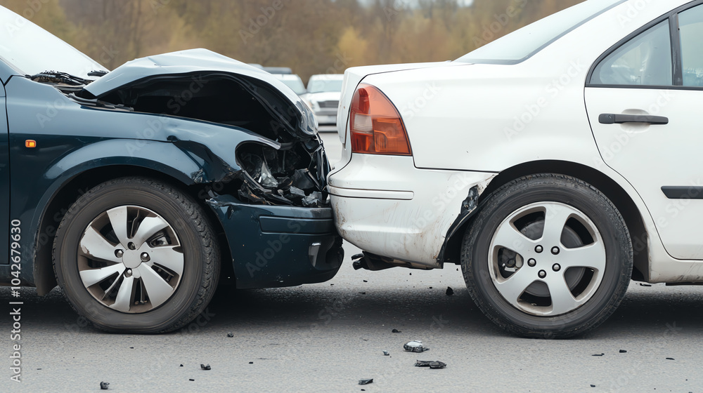 Close-up view of a car accident involving a blue vehicle and a white vehicle. The back of the white car has visible damage, debris scattered.