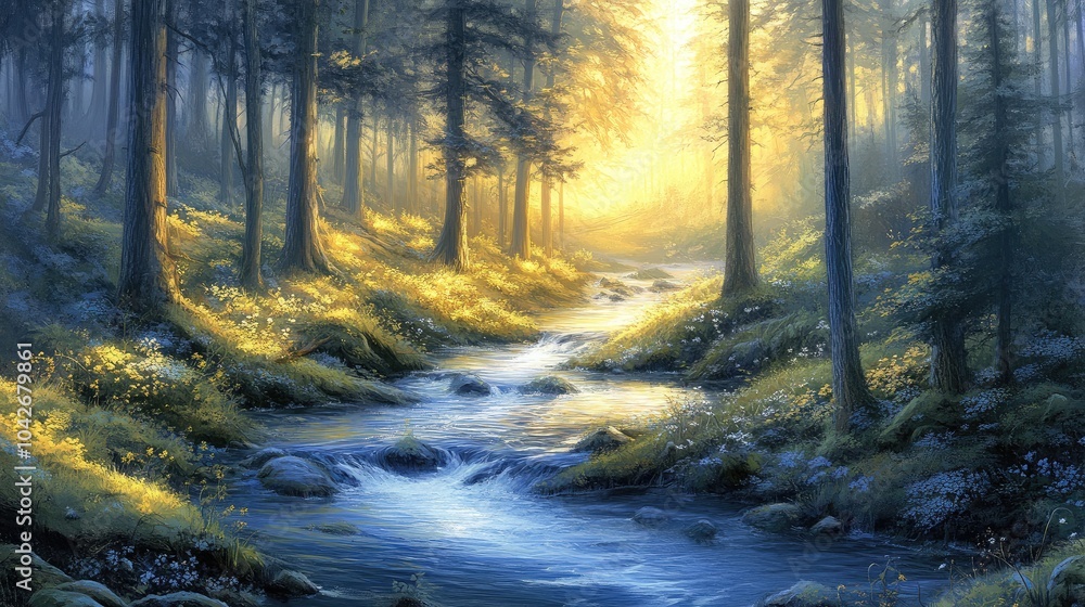 Obraz premium Serene Forest Stream with Soft Golden Light