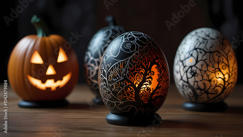 egg painted with intricate Halloween-themed designs, featuring spooky patterns like ghosts, bats, and jack-o'-lanterns photo