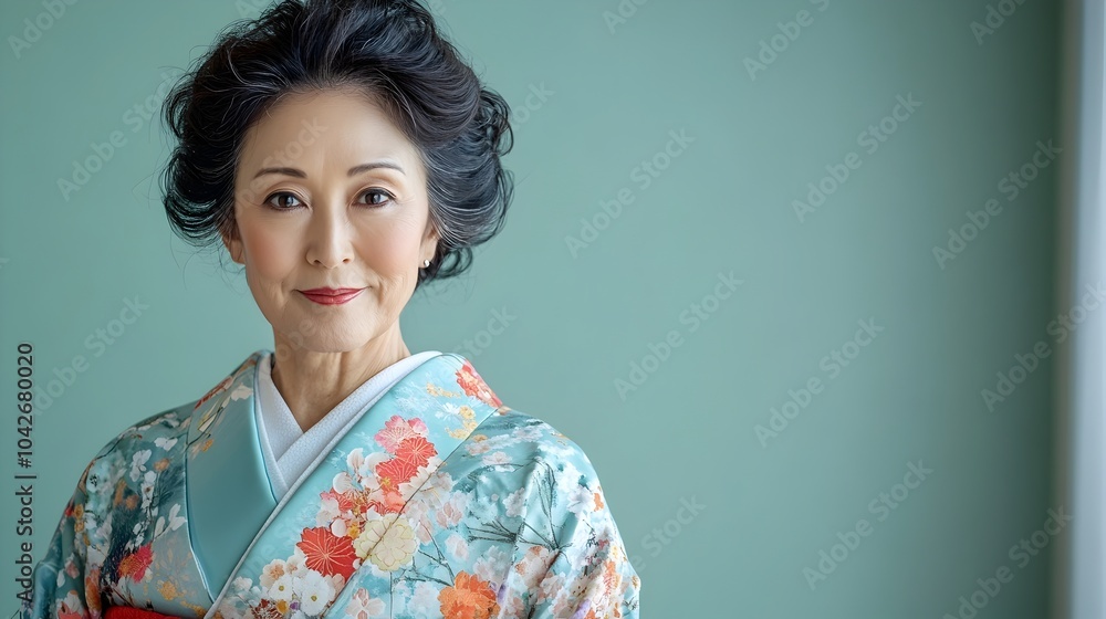 Serene and tranquil portrait of a middle aged Japanese woman dressed in a refined and elegant kimono with a traditional obi sash posing against a plain mint green studio background Serene and tranquil portrait of a middle aged Japanese woman dressed in a refined and elegant kimono with a traditional obi sash posing against a plain mint green studio background