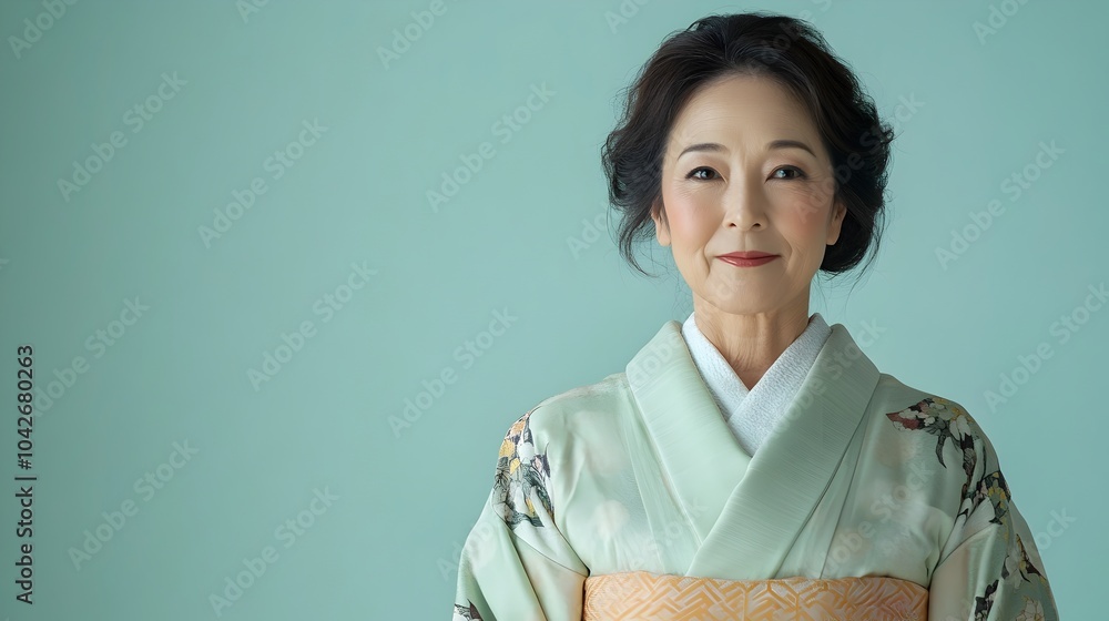 Serene and Refined Portrait of a Middle aged Japanese Woman Wearing a Traditional Kimono with Obi Sash against a Plain Mint Green Background with Soft Studio Lighting Serene and Refined Portrait of a Middle aged Japanese Woman Wearing a Traditional Kimono with Obi Sash against a Plain Mint Green Background with Soft Studio Lighting
