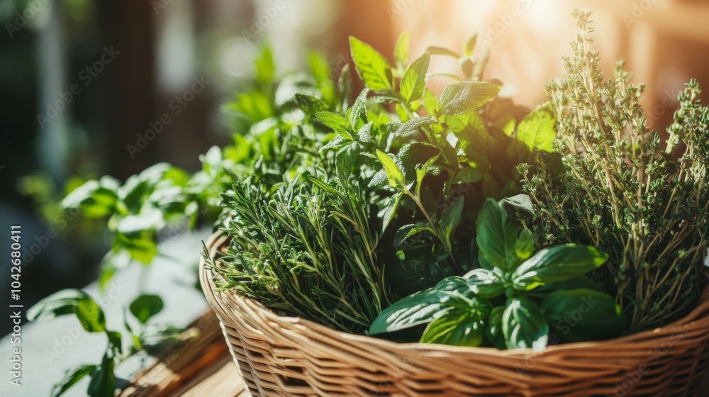 A wicker basket filled with fresh herbs, including mint, basil, rosemary, and thyme. A wicker basket filled with fresh herbs, including mint, basil, rosemary, and thyme.