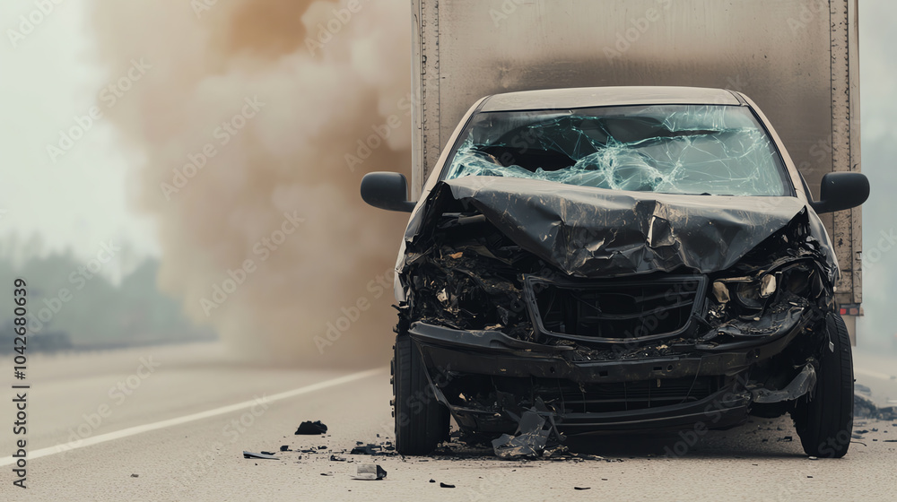 Damaged black car on the road, a scene of a car accident with smoke in the background, depicting the aftermath of a collision on a highway.