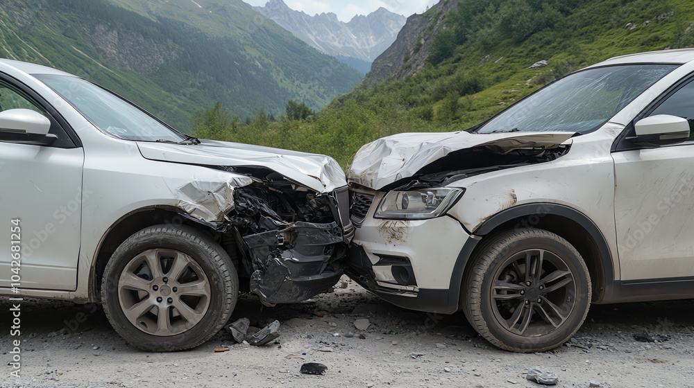 Damaged cars after a collision, showcasing the impact of a road accident in a mountainous landscape, highlighting safety and vehicular concerns. Damaged cars after a collision, showcasing the impact of a road accident in a mountainous landscape, highlighting safety and vehicular concerns.