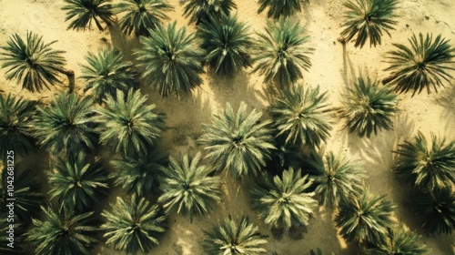 Aerial view of lush palm trees on sandy terrain, showcasing nature's beauty.