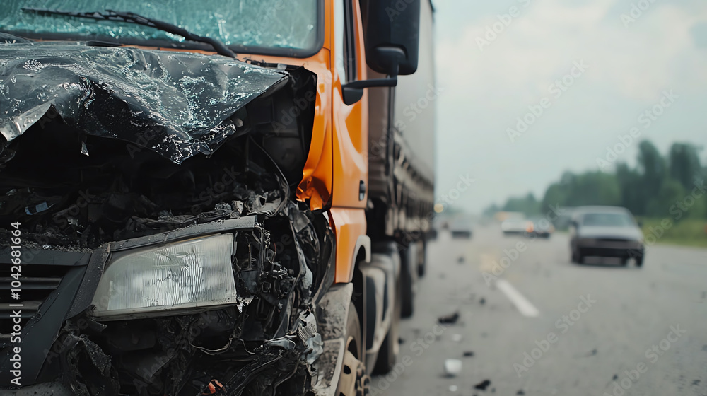 Damaged orange truck on highway after collision with debris on the road. Nearby cars pass by, showcasing aftermath of traffic accident.