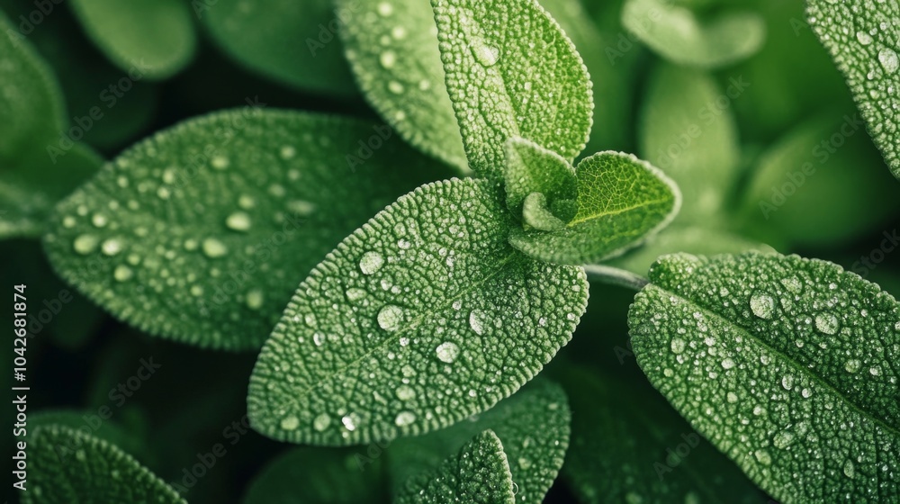 Fototapeta premium Close-up of Dewy Green Leaves with a Detailed Texture