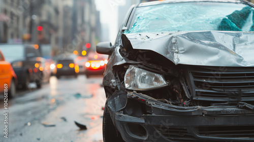Damaged vehicle front in a busy city intersection, highlighting the aftermath of an accident. Urban backdrop with blurred cars and pedestrians.