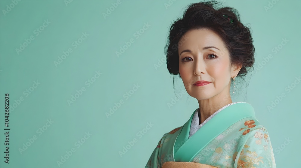 Portrait of a serene and refined middle aged Japanese woman dressed in a elegant kimono with a traditional obi sash posing against a plain mint green studio background with copy space for text Portrait of a serene and refined middle aged Japanese woman dressed in a elegant kimono with a traditional obi sash posing against a plain mint green studio background with copy space for text
