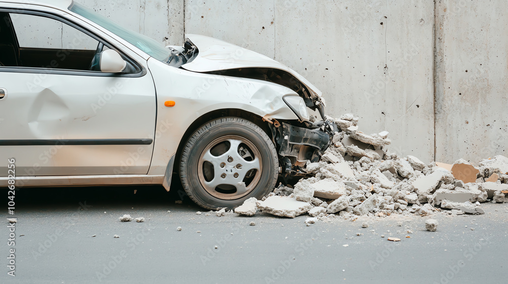 Damaged white car with a crushed front end, debris scattered on asphalt ...