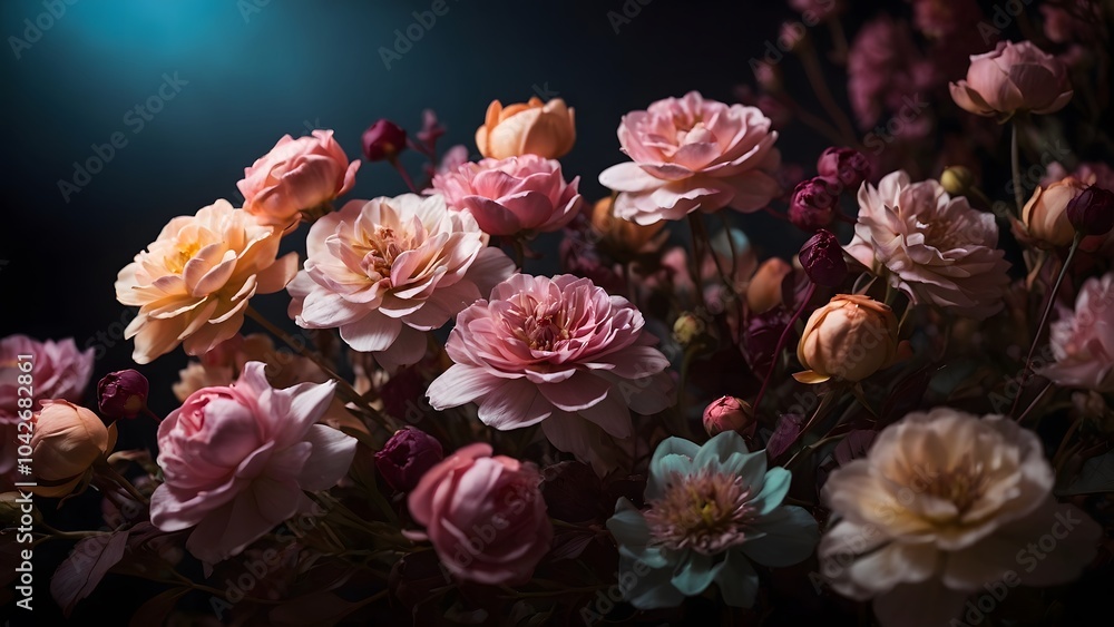 A Vibrant Display of Blooming Flowers in Soft Pink and Blue Hues Under Dramatic Lighting A Vibrant Display of Blooming Flowers in Soft Pink and Blue Hues Under Dramatic Lighting