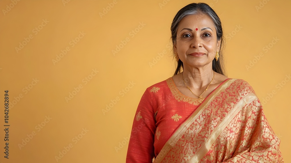 Portrait of a middle aged Indian woman wearing a traditional vibrant ...