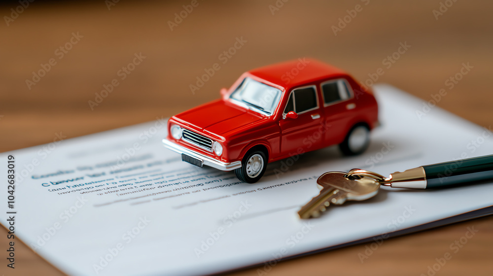 Red toy car placed on documents with keys and pen, representing vehicle ownership and vehicle purchase agreements.