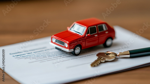 Obraz na płótnie Red toy car placed on documents with keys and pen, representing vehicle ownership and vehicle purchase agreements. w salonie