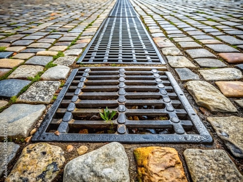 Rainwater Drainage System on Sidewalk with Stone Paving Slabs - Urban Infrastructure and Design photo