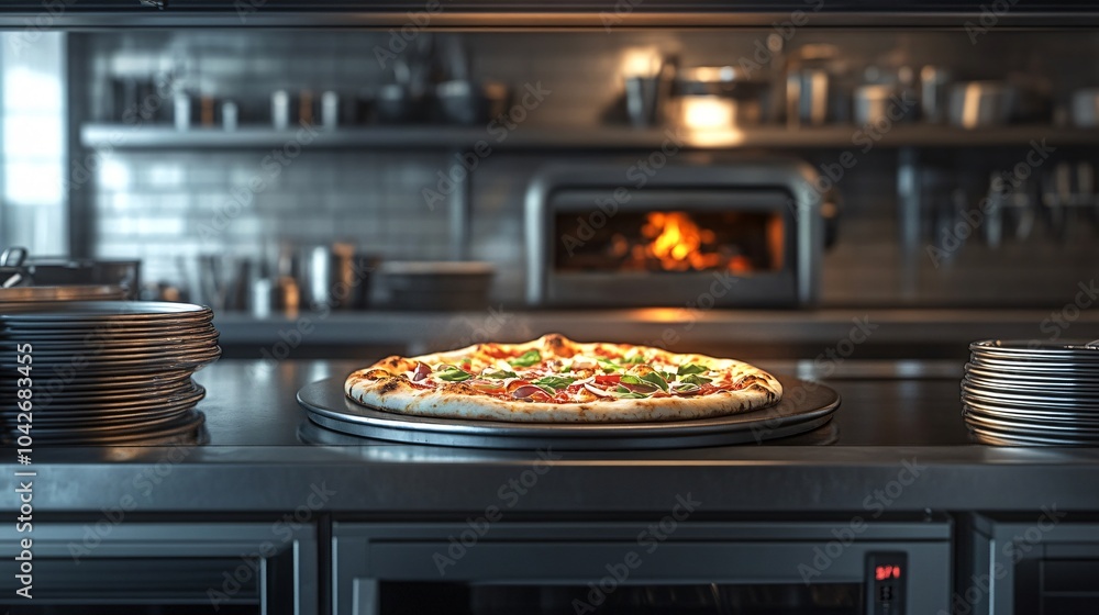 Freshly Baked Pizza on a Kitchen Countertop Freshly Baked Pizza on a Kitchen Countertop