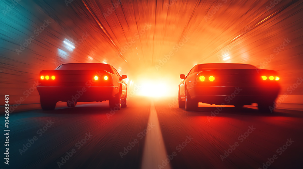 Two cars racing through a brightly lit tunnel, dynamic motion captured with vivid colors and high contrast, creating an exciting atmosphere.