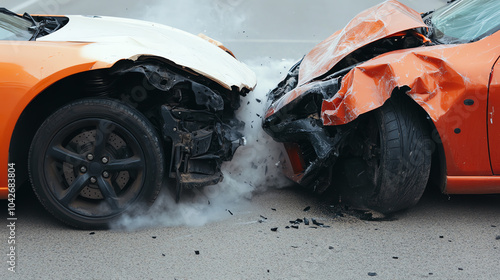 Two damaged cars in a head-on collision, showcasing dented frames and smoke rising from the impact site on a gray road. photo