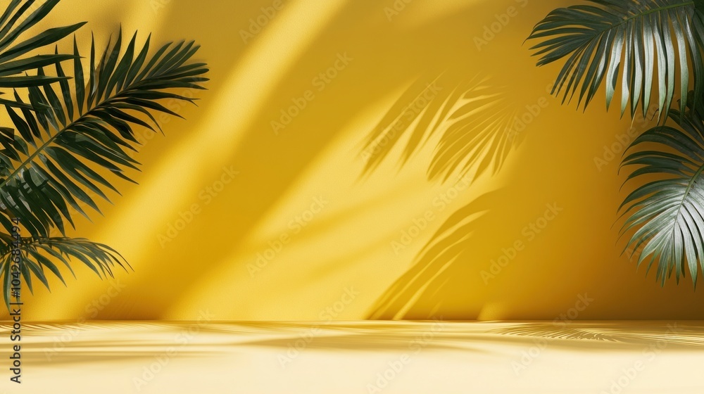 A vibrant yellow backdrop with palm leaves casting shadows, creating a tropical atmosphere. A vibrant yellow backdrop with palm leaves casting shadows, creating a tropical atmosphere.