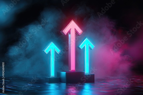 Neon arrows pointing upwards with fog, ideal for digital and technological themes. photo