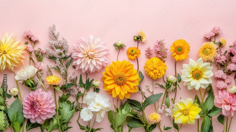 A vibrant arrangement of various flowers on a pink background. A vibrant arrangement of various flowers on a pink background.