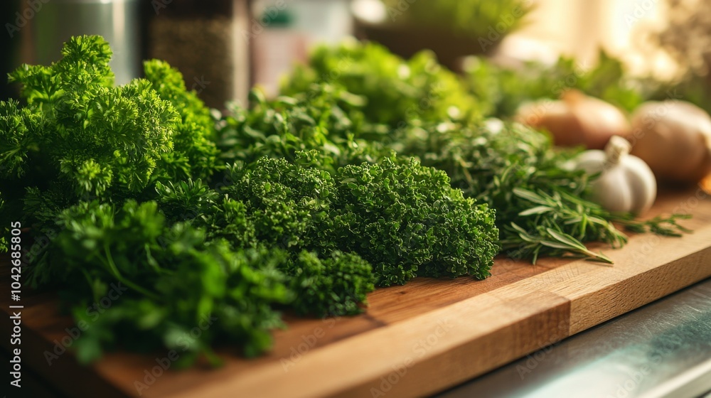 Fresh Green Herbs and Garlic on Wooden Cutting Board Fresh Green Herbs and Garlic on Wooden Cutting Board