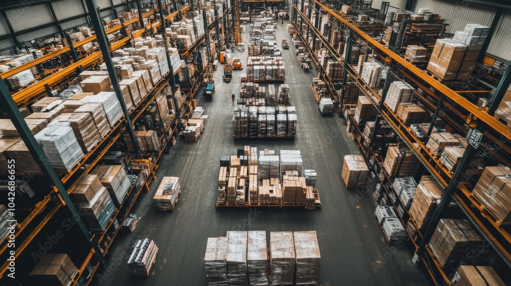 Naklejka premium An expansive industrial warehouse packed to capacity with a diverse array of products and materials, illustrating the intricate web of global supply chains, photography style