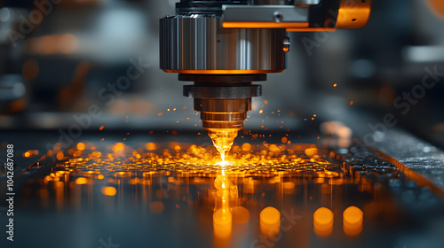 A Close-Up Shot of an Industrial Laser Machine in Action – High-Precision Metal Cutting Process with Sparks Flying. 