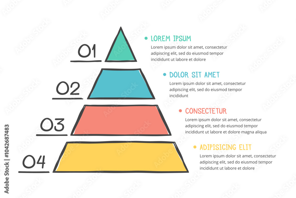 Fototapeta premium Hand drawn pyramid with four segments, doodle infographics, vector eps10 illustration