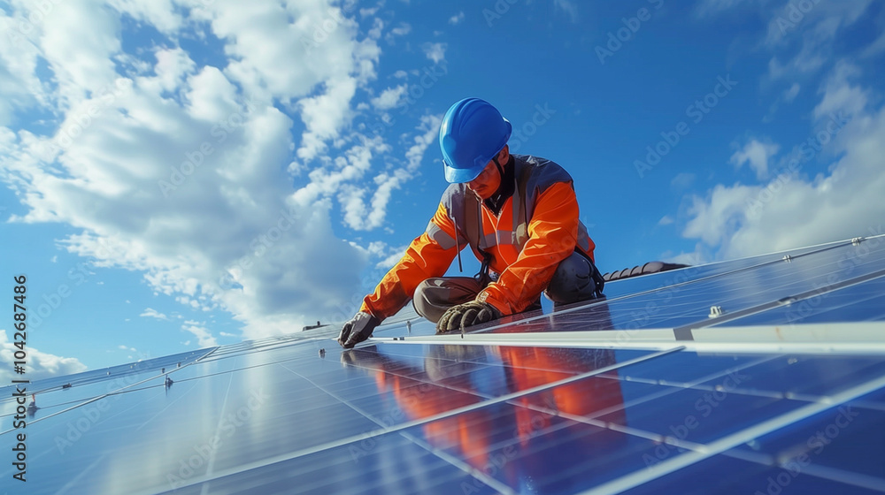 Solar panel technician installing photovoltaic cells on a sunny day with blue skies Solar panel technician installing photovoltaic cells on a sunny day with blue skies