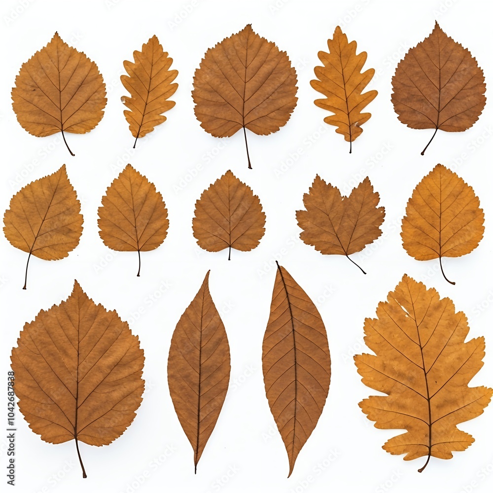 Fototapeta premium A collection of 15 dried, brown leaves of various shapes displayed against a white background.