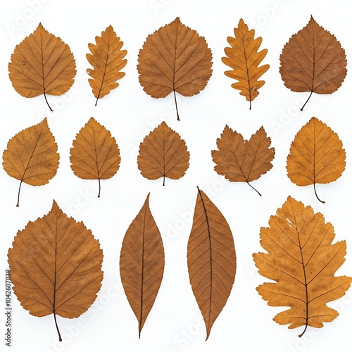 A collection of 15 dried, brown leaves of various shapes displayed against a white background.