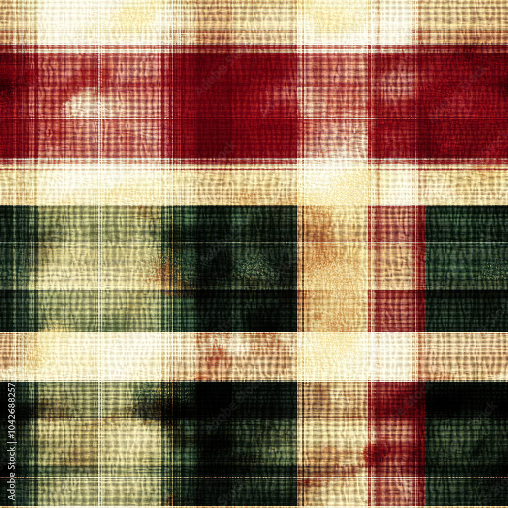Fototapeta premium Colorful plaid textile pattern showcasing green, red, and beige hues with a soft texture