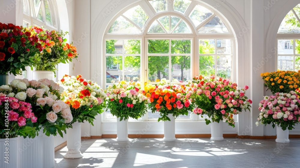 Bright and colorful flower arrangements in a modern shop, showcasing a variety of blooms in stylish vases by large windows. Bright and colorful flower arrangements in a modern shop, showcasing a variety of blooms in stylish vases by large windows.