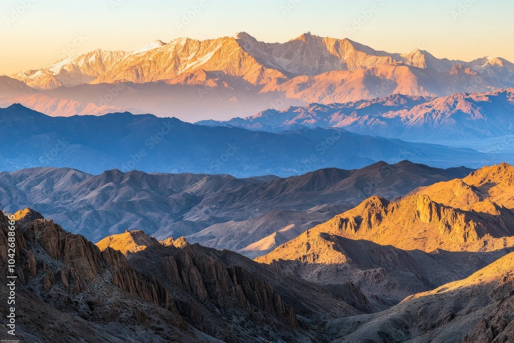 Fototapeta premium Layers of mountains in shades of blue, brown, and gold at sunset with snow-capped peak in the background.