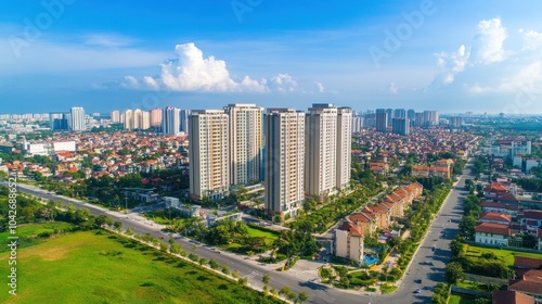 An aerial view of a modern city skyline with high-rise buildings, residential houses, and green spaces.