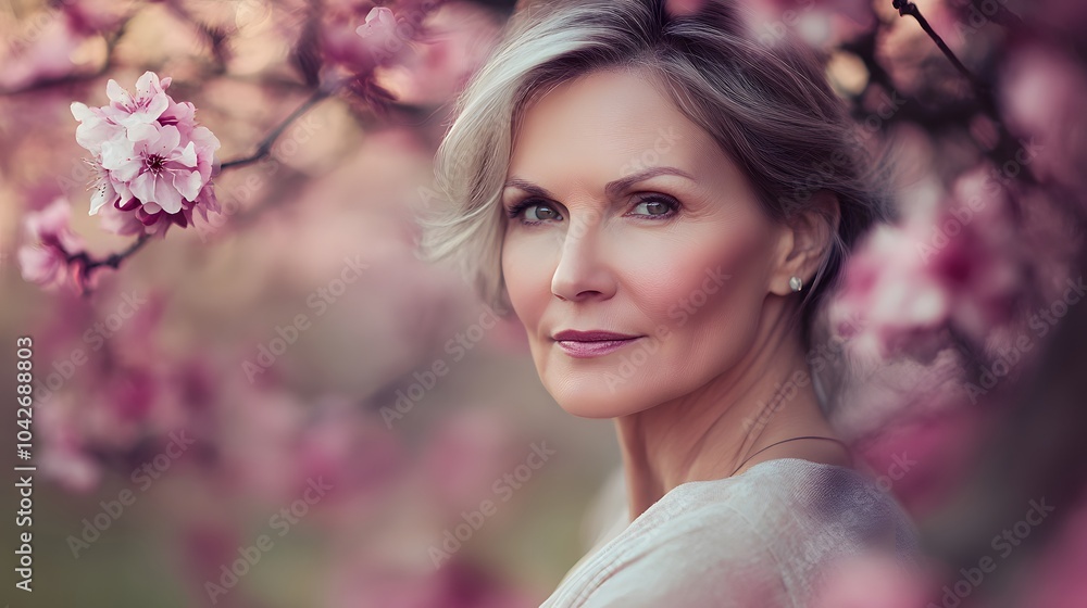 Spring portrait of beautiful and elegant middle age woman posing against pink blooming tree. Spring portrait of beautiful and elegant middle age woman posing against pink blooming tree.