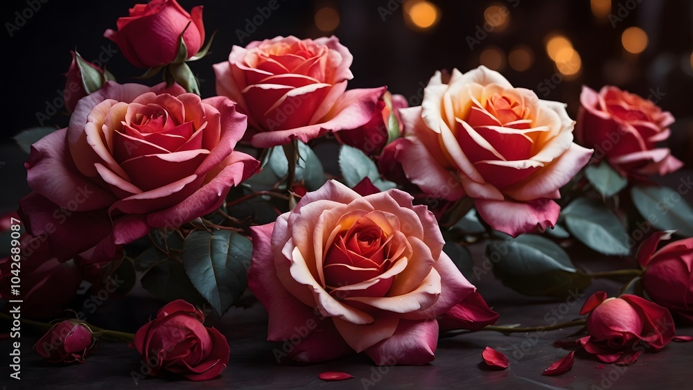 Beautifully Arranged Red and Peach Roses With Green Leaves on a Dark Surface, Creating a Romantic Ambiance Beautifully Arranged Red and Peach Roses With Green Leaves on a Dark Surface, Creating a Romantic Ambiance