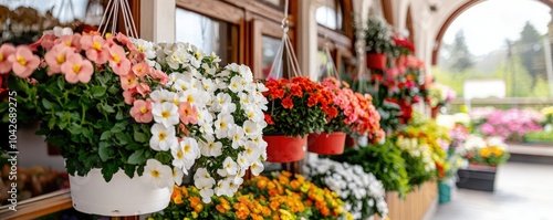 Wallpaper Mural Vibrant flower arrangements in hanging pots, showcasing a colorful display of nature in a charming outdoor setting. Torontodigital.ca