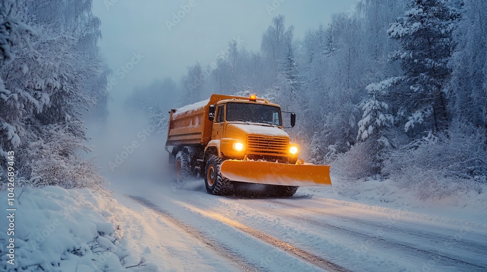 Snowplow truck removing snow on road Snowplow truck removing snow on road
