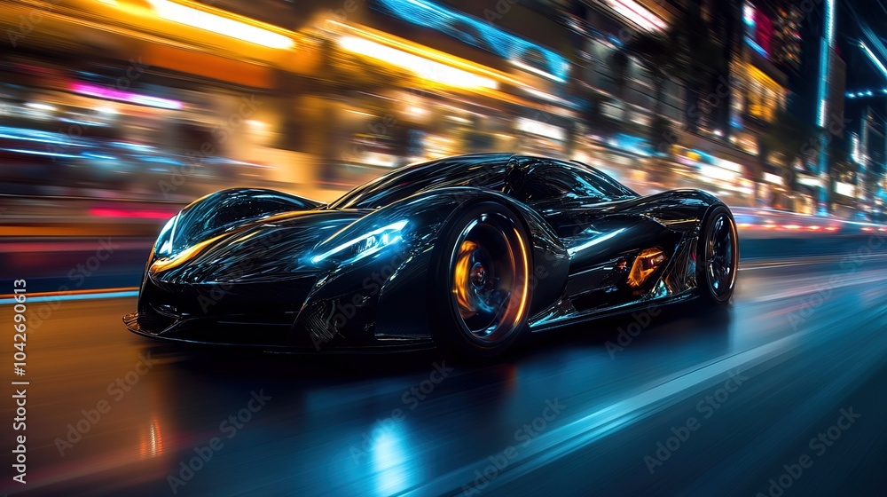 Futuristic car at high speed at night in city with motion blur Futuristic car at high speed at night in city with motion blur