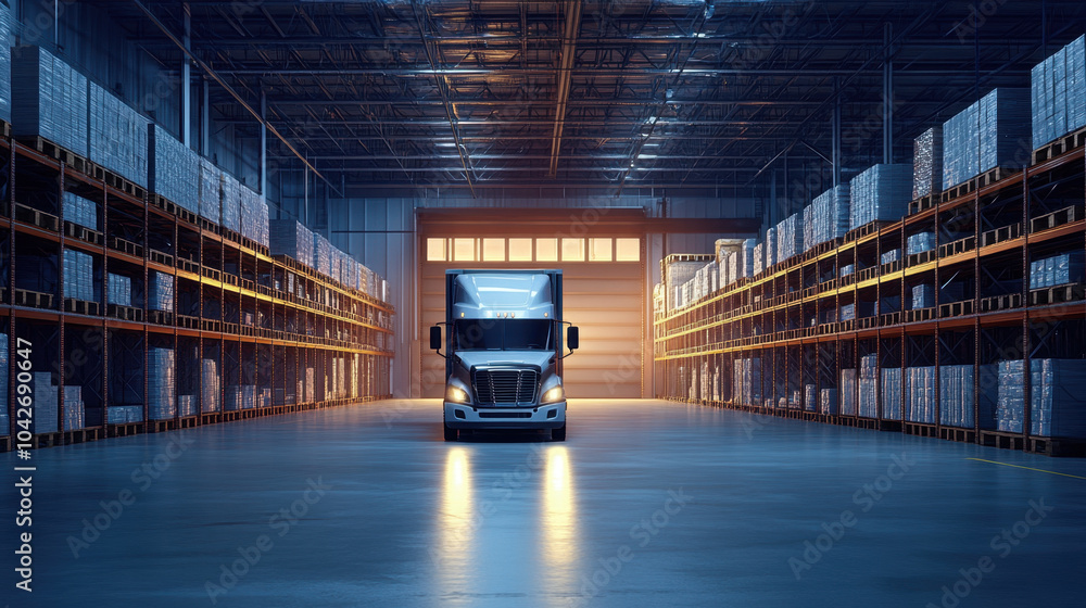 digital warehouse with freight truck ready for loading, illuminated by warm lights. organized shelves filled with goods create sense of efficiency and readiness for transport digital warehouse with freight truck ready for loading, illuminated by warm lights. organized shelves filled with goods create sense of efficiency and readiness for transport