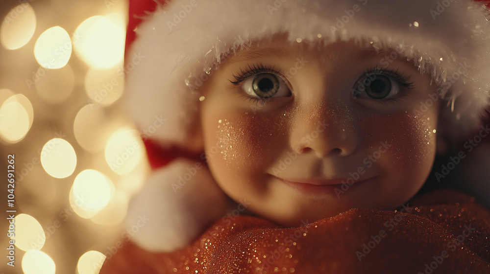 Close-up portrait of a cheerful child in Christmas attire with sparkling details and warm bokeh background Close-up portrait of a cheerful child in Christmas attire with sparkling details and warm bokeh background