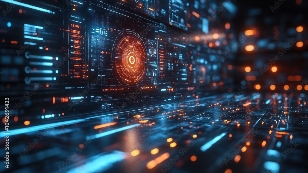 Futuristic digital landscape with glowing circuits and data flow. Futuristic digital landscape with glowing circuits and data flow.