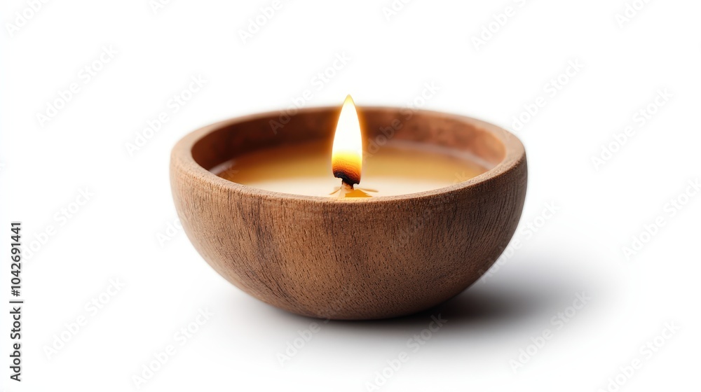 Burning Candle in Wooden Bowl. Burning Candle in Wooden Bowl.