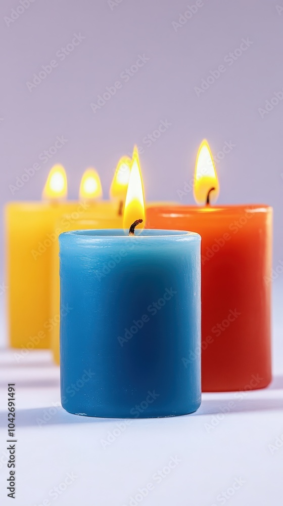 Three Burning Candles in Yellow, Blue and Orange. Three Burning Candles in Yellow, Blue and Orange.
