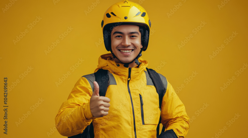 cheerful male food delivery rider in yellow jacket and helmet, giving thumbs up against bright yellow background, exuding positivity and readiness for work cheerful male food delivery rider in yellow jacket and helmet, giving thumbs up against bright yellow background, exuding positivity and readiness for work