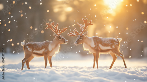 Two reindeer interacting affectionately in the snow at sunset with warm bokeh background