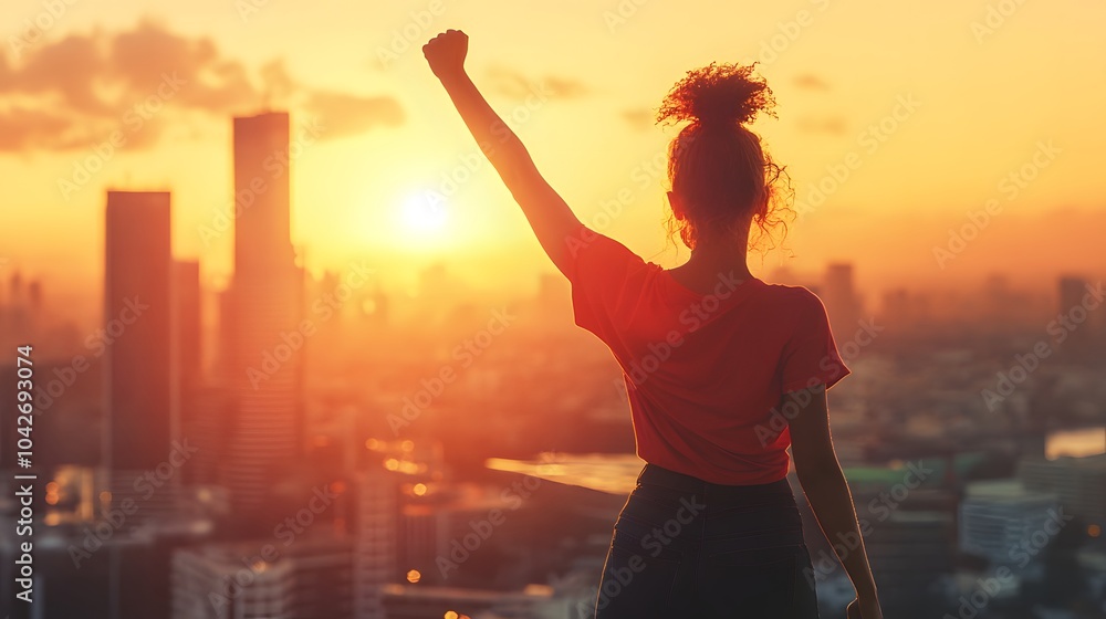 confident young woman with fist in the air facing the city. People power and strong young woman concept. confident young woman with fist in the air facing the city. People power and strong young woman concept.