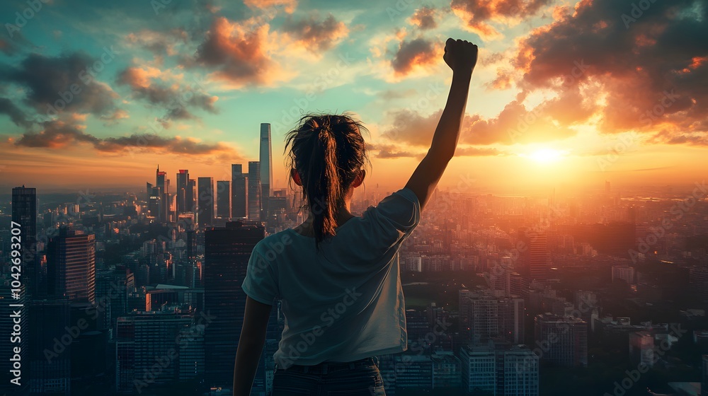 confident young woman with fist in the air facing the city. People power and strong young woman concept. confident young woman with fist in the air facing the city. People power and strong young woman concept.